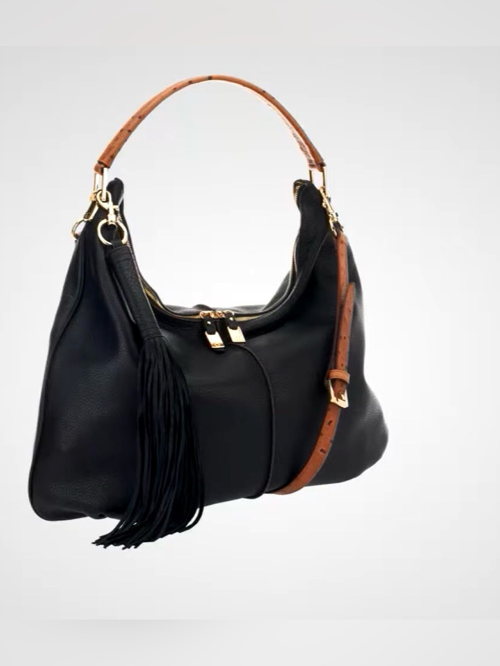 G.I.L.I Got It Love It Black Pebbled Leather Slouchy Hobo Bag 2 Brown Straps